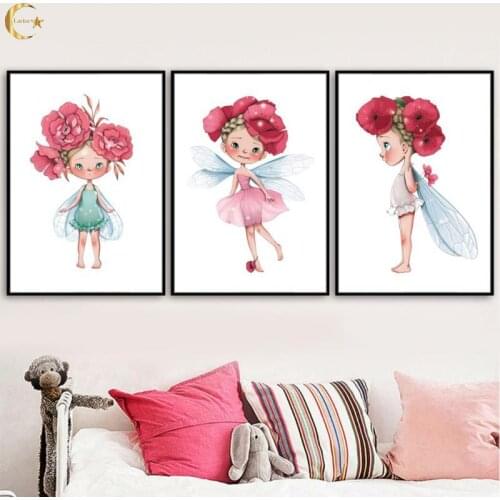 Cartoon Flower Baby Girl Wing Flower Fairy Nordic Posters and Prints Wall Art Canvas Painting Wall Pictures for Kids Room Decor