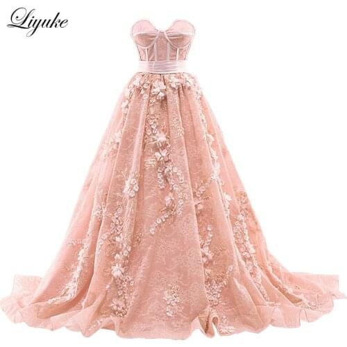 Floral Print Flowers Liyuke A-Line Strapless Evening Dresses New Arrival Orange Floor-Length Formal Dress Elegant Queen