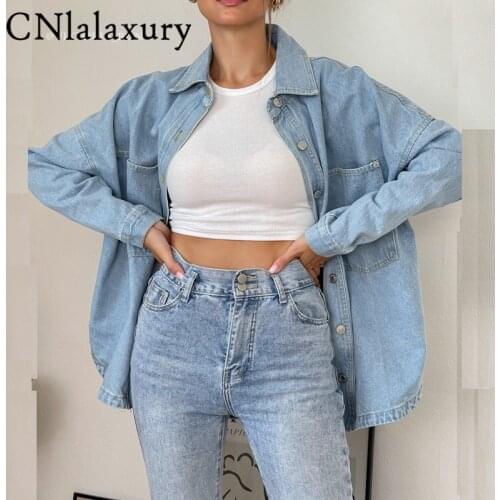 CNlaalxury 2021 Antumn Denim Shirt Coat Women Long Sleeve Pocket Cardigan Streetwear BF Jean Jacket Harajuku Cowboy Outwear Tops