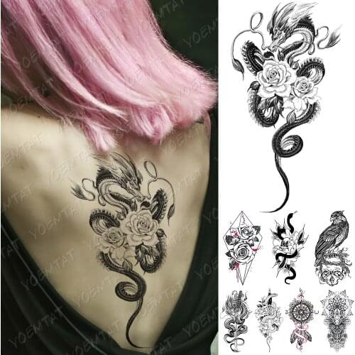 Waterproof Temporary Tattoo Sticker Snake Dragon Rose Flower Flash Tattoos Eagle Skull Body Art Arm Fake Sleeve Tatoo Women Men