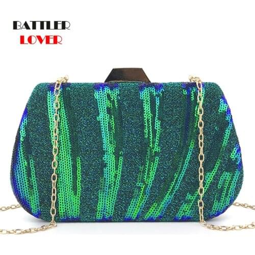 Women Luxury Moon Clutch Evening Bag Blue Green Sequin Handbag Wedding Purse for Female Diamond Design Crossbody Shoulder Flaps