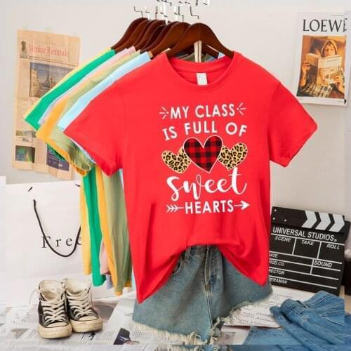 My Class Is Full of Sweet Hearts Print Teacher Shirt for Women Short Sleeve Loose Femme T-shirt Valentines Day Gift