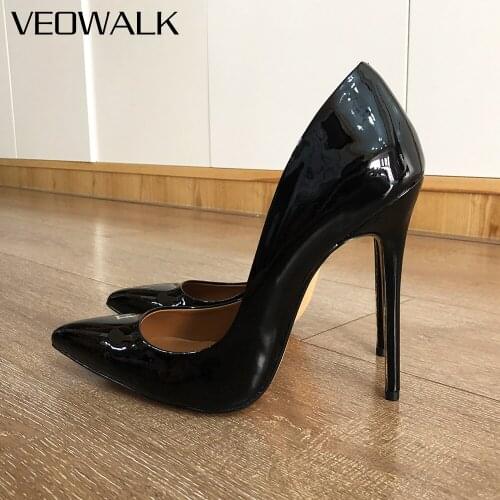 Veowalk 14cm Extremely High Heel Women Black Patent Pointy Toe Stiletto Pumps Sexy Crossdresser Shoes Ultra Large Size 41 47 48