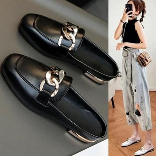 Womens 2021 New Loafers Fashion Ladies PU Leather Flat Shoes Square Toe Chain Women Casual Comfortable Shoe Female Footwear