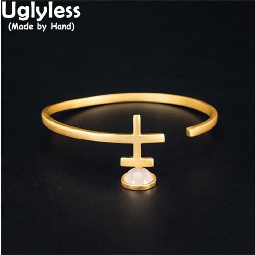 Uglyless Real 925 Sterling Silver Cross Open Bangles for Women Chalcedony Charms Jewelry Elegant Fashion Dress Gold Bangles Gems