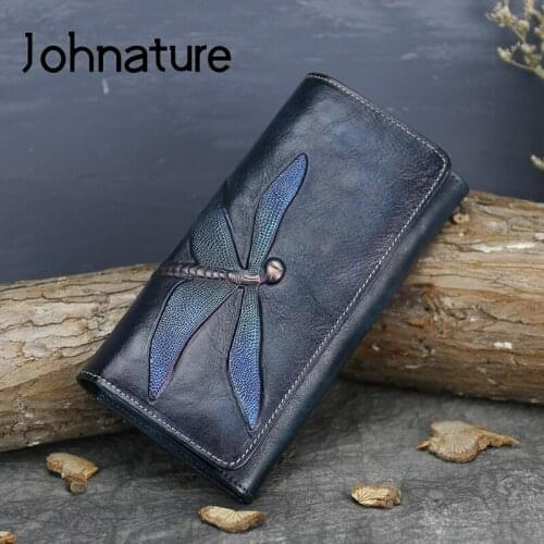 Johnature Retro Cowhide Wallet Card Holder 2020 New Genuine Leather Long Women Purse Handmade Prints Butterfly-knot Wallets