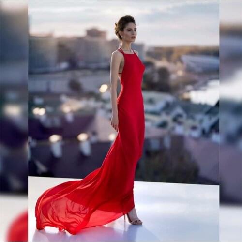 Elegant Long Red Halter Satin Evening Dresses Mermaid Criss Cross Back Sweep Train Robes De Mariée Party Gowns For Women