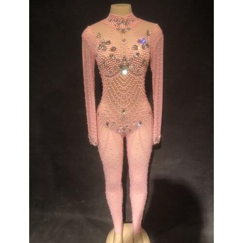 2019 Women DS DJ Sexy Stage Pink Nude parkling Crystals Bodysuit Nightclub Party Stage Wear Performance Costumes