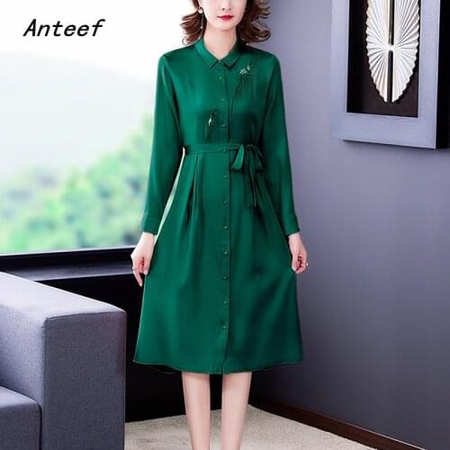 Anteef long sleeve silk satin vintage floral dresses for women casual loose woman spring autumn shirt dress elegant clothes 2021
