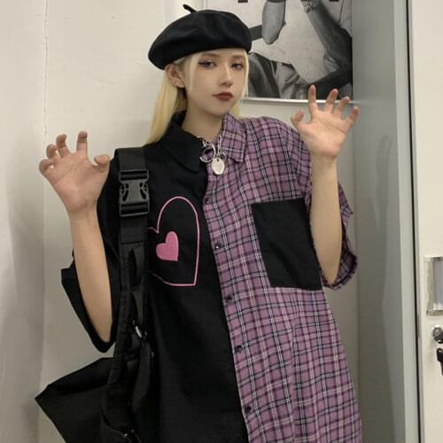 Gothic Short Sleeve Hip Hop Shirts Girls Cool Harajuku Funny Shirt Patchwork Casual Shirts Fashion Korean Summer Plaid Shirt