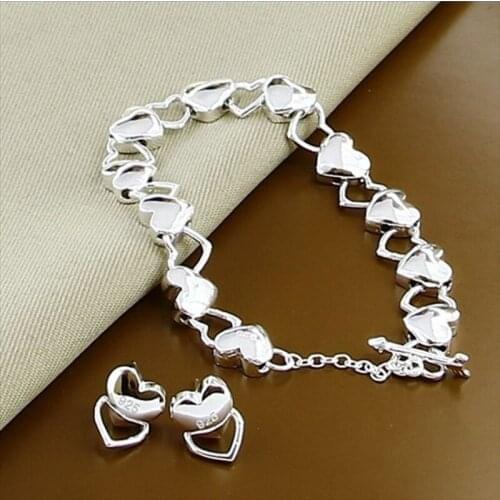 Free Shipping 925 Silver Fashion Heart Loves Earrings Bracelet Jewelry Sets Parure Bijoux Femme