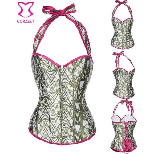 Corzzet Gothic Brown Tree Leaves Print Halter Overbust Corset Top Femme Steampunk Sexy Lingerie Bodyshaper Victorian Waist Korse