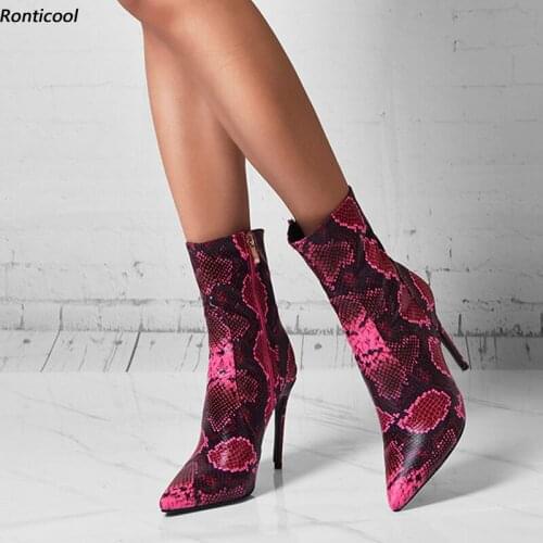 Ronticool Beautiful Womens Spring Mid-Calf Boots Sexy Snake Stiletto Heels Pointed Toe Fuchsia Dress Shoes Women Us Size 6-15