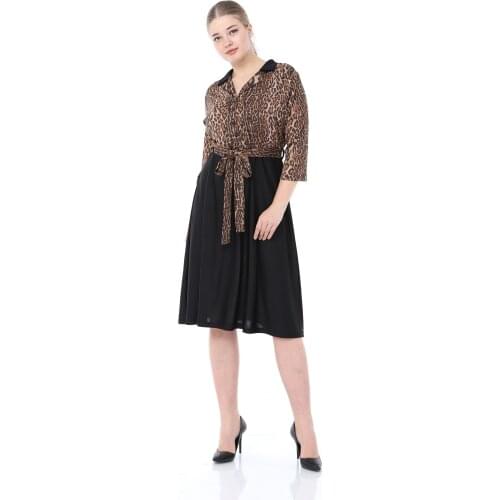 Lir Women Large Size Laopar Patterned Double Breasted Dress Black L1604