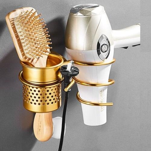 Multi-function Durable Aluminium Wall Mount Hair Dryer Holder Stand and Organizer Bathroom Spiral Drier Comb Rack Storag
