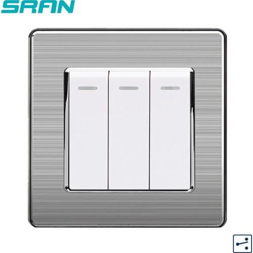 SRAN stainless steel panel wall power light switch 3 open double control 3Gang 1/2 way luxury switches 86*86mm
