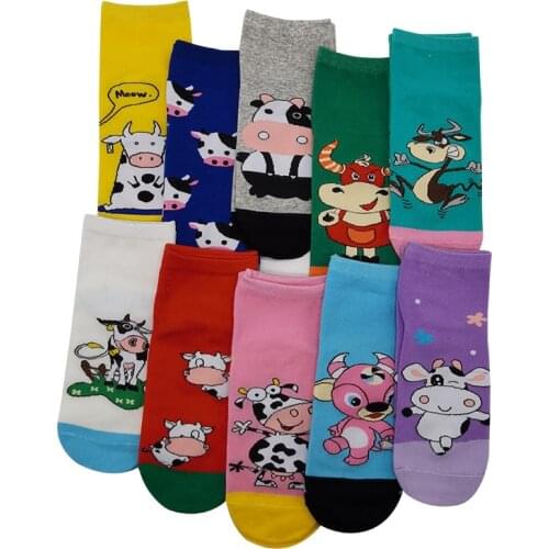 10 Pairs/Pack Unisex Funny Cow Harajuku Cotton Socks Cozy Breathable Cute Kawaii Style Colorful Cartoon Ankle Socks for Women