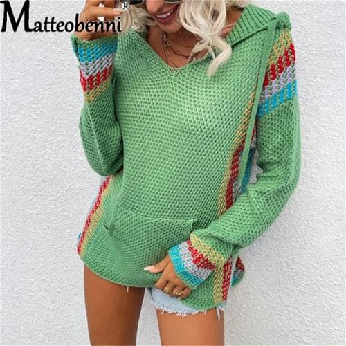 2021 Autumn Women Hooded Sweater Pocket Vertical Striped Matching Jacket Oversized Sweater Ladies Long Sleeve Top Fashion Jumper