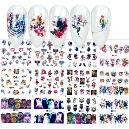 12 styles animal Patterns Nail Sliders Water Transfer Stickers Set Tiger/fox/elephant Water Decals Transfer Foils MYA1585-1596