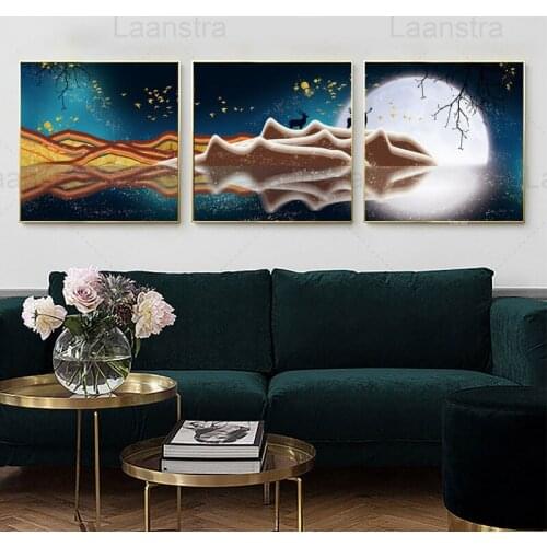 Landscape Painting Elk Moon and Birds Home Decoration Painting Clouds Living Room Wall Canvas Poster Bedroom Dining Room Prints