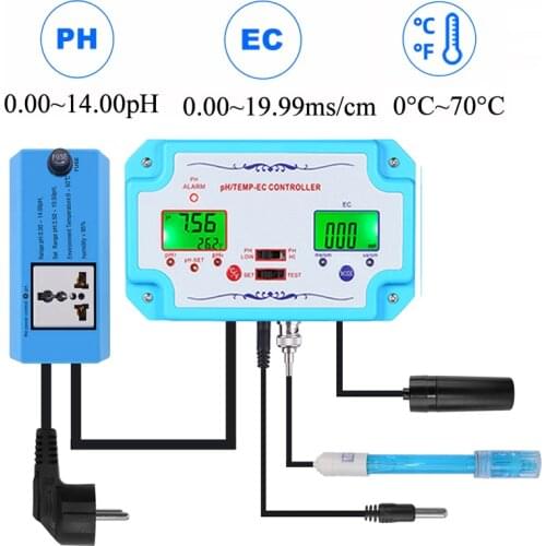 3 in 1 Online PH EC TEMP Monitor PH Controller High Precision Water Quality Tester Replaceable BNC Type Electrode for Aquarium