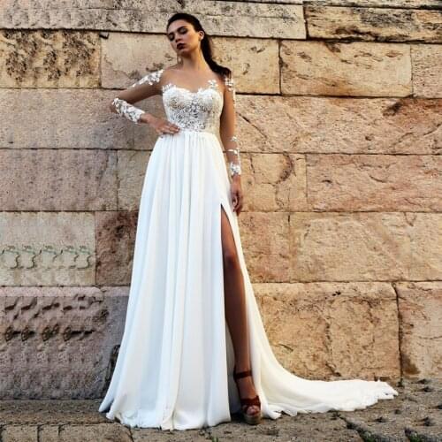 Simple Cheap Long Sleeve Wedding Dresses 2021 O-neck Lace Bridal Gown Chiffon A Line Wedding Gowns Vintage Custom Made with Slit