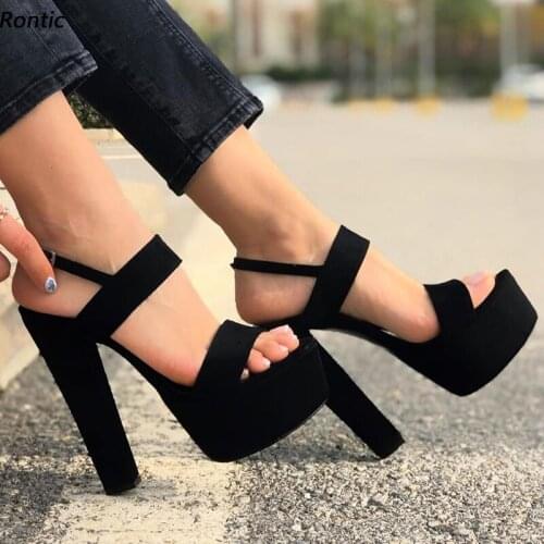 Rontic Handmade Women Platform Sandals Unisex Faux Suede Block Heels Open Toe Classics Black Dress Shoes US Size 5-20