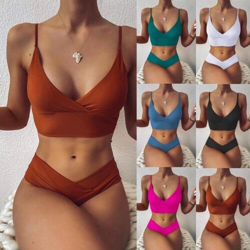 Sexy Cross Bikini Set Women Solid V-Neck High-Waisted Two Piece Swimsuit 2021 Girl Beach Bathing Suit Swimwear Biquinis