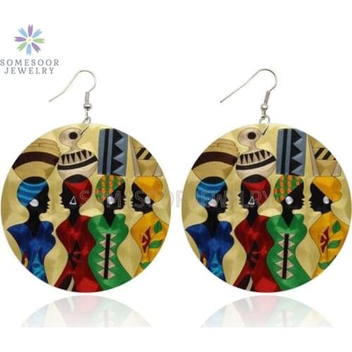 SOMESOOR Fashion Black Sisters Afro Headwrap Wooden Drop Earrings African Ethnic Printed Geometric Round Pendant For Women Gift