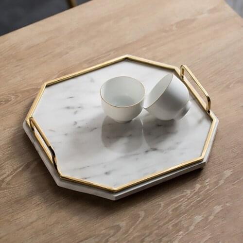 Creative white octagonal wood material simulation marble metal tray home decoration tray