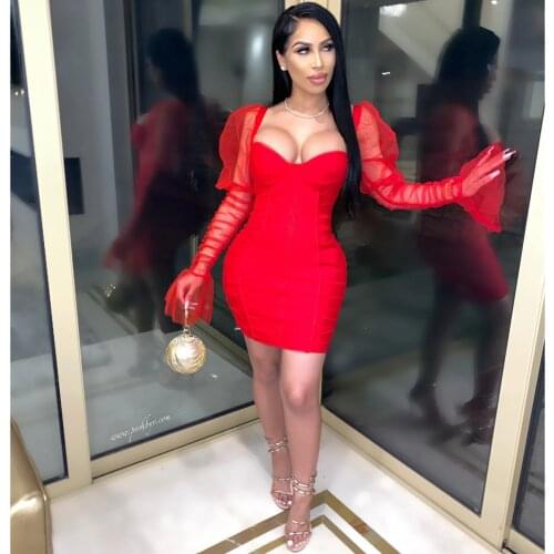 BKLD Sexy Nightclub Dress 2020 Summer Slim Women Bodycon Mini Dress Solid Mesh Patchwork Flare Long Sleeve Women Short Dress