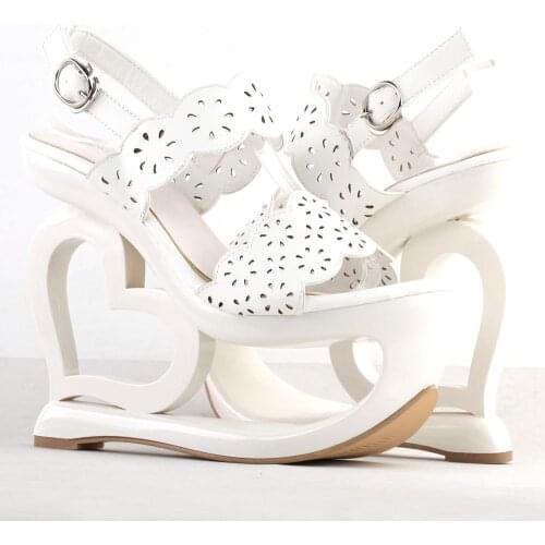 SHOW STORY Retro White Floral Cut-Out Heart Heel Wedge Evening Platform Sandals