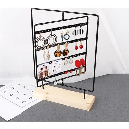 Rotatable Wooden Base Metal Earring Holder Jewelry Display Wooden Base Rotatable 76-Hole Earring Stand Jewelry Hanger Display