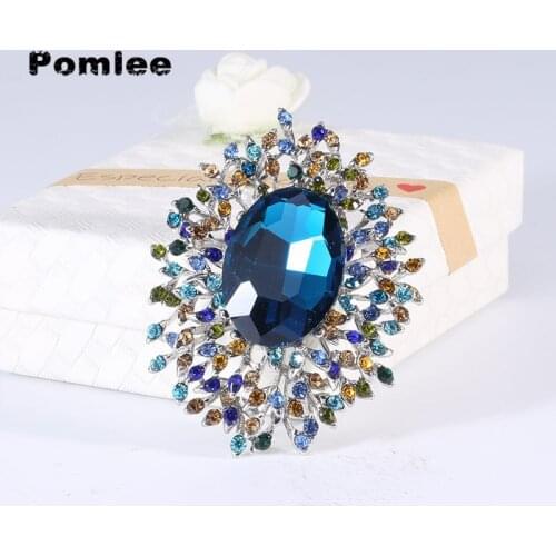 Pomlee Large Colorful Crystal Ellipse Brooches for Women Vintage Fashion Pendant Style Elegant Wedding Pins Party Jewelry Brooch