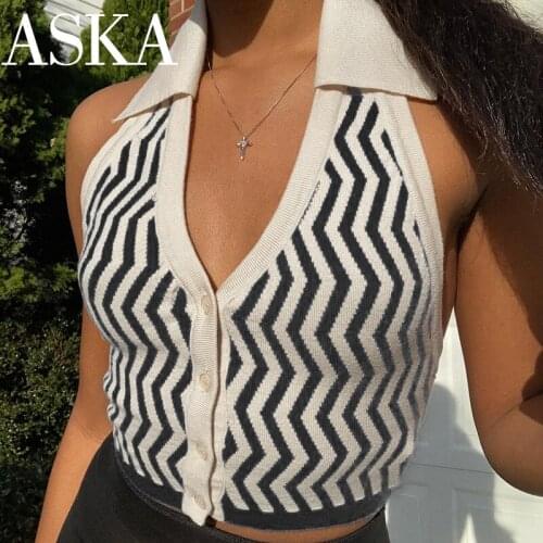 Black Striped Womens y2k Style Halter Sleeveless Crop Tops Ladies Tanks Backless Casual Cardigan Soft Summer 90s grunge T-shirt