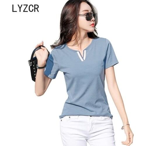 LYZCR Summer 2020 T Shirt Women Cotton V Neck Plain Elastic Basic T-shirts Female Casual Slim Pink Tshirts Elegant Female
