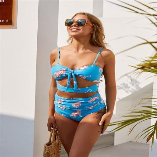 Meihudia 2021 Bikinis Women Split Swimsuit Set Animal Print Hollow Out Deep V-neck Bikini + High Waist Panties for Summer