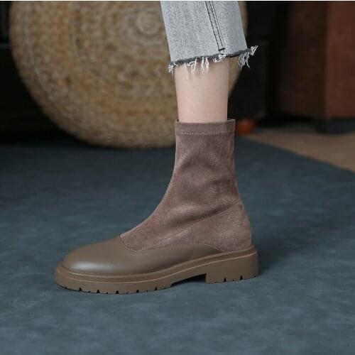 2021 Winter Shoes Women Genuine Leather Round Toe Patform Shoes Women Ankle Boots Stretch Leather Boots Women Flat Shoes BOOTS