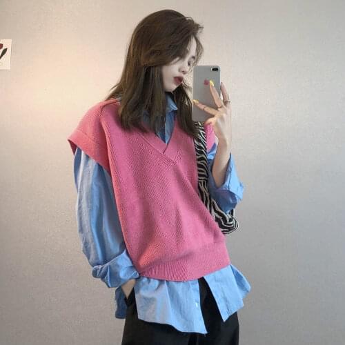 Women Autumn Sets Turn Down Collar Long Sleeve Shirts + Knitted V-neck Loose Sweaters Vest Female Korean Casual 2 Piece Set Q906