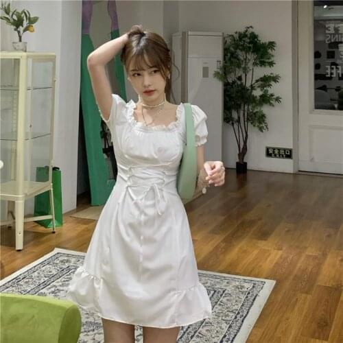 Women Dresses White Puff Sleeve Dress Womens Summer 2021 Square Collar Skirt Short Skirt Vestido De Mujer