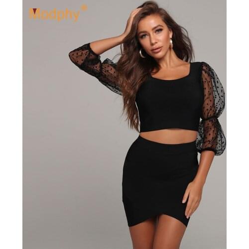 2020 Autumn Fashion New Bandage Women Set Lace Top & Mini Skirt 2 Two-piece Black Sexy Fashion Club Celebrity Party Skirt Set