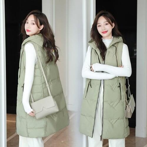 Women Autumn Winter Mid-long Waistcoat Vest 2021 New Casual Solid Sleeveless Hooded Thick Warm padded Vest Coat For Female