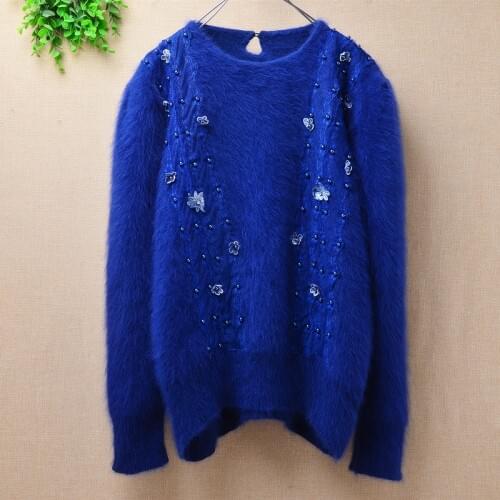 Ladies mink cashmere o-neck loose fluffy angora rabbit fur loose beading pullover sweater Applique blue glamour sweater sweaters