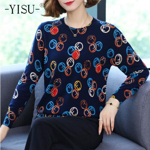 YISU Knitted Sweater Women Autumn Winter O-neck Long Sleeve Loose Pullover Jumper Tops Letters Printed Sweaters Women 2021 New