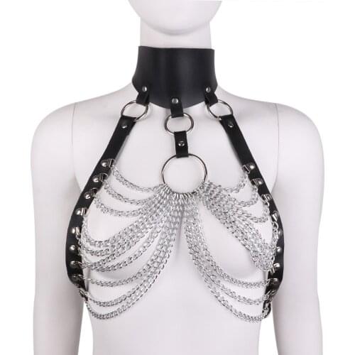Women Punk Faux Leather Cupless Hollow Out Lingerie Adjustable Bondage Bust Harness Belt with Chain Tassels Roleplay Costume