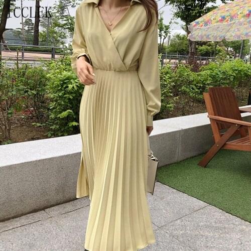 New Korean V-Neck A-Line Pleated Solid Color Dress Long Dress Female 2021 Spring Autumn WomenS One-Piece Fashion Casual Dress