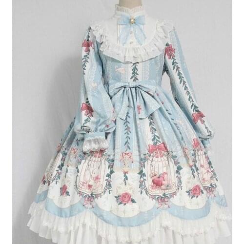 Victorian Women Sweet Bow Lolita Dress Cage Dream Bead Chain Pendant Wave Op Dress Kawaii Girl Gothic Long Sleeve Party Dresses