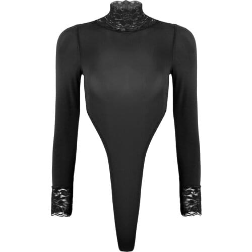 2021 1pcs Women Sheer Lingerie Bodysuit Jumpsuit Long Sleeves Turtleneck High Cut Tank Thong Leotard Erotic Underwear Nightwear