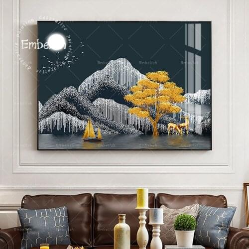 1 Pieces Abstract Landscape Moon Night Golden Tree HD Print Canvas Painting Modern Home Decorative Pictur For Living Room Poster