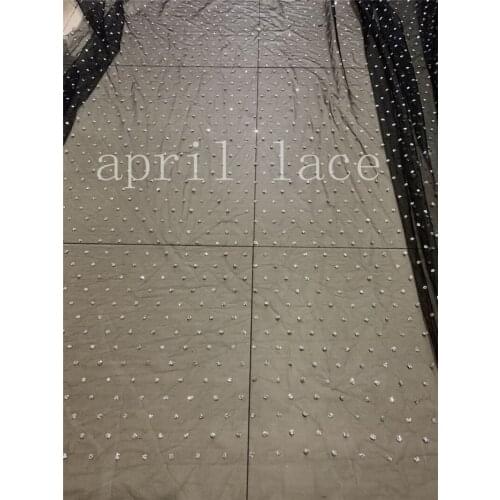 10 yards HLL06 black mesh silver dot sparkle glitter glued hand print african india mesh fabric for bridal wedding dress
